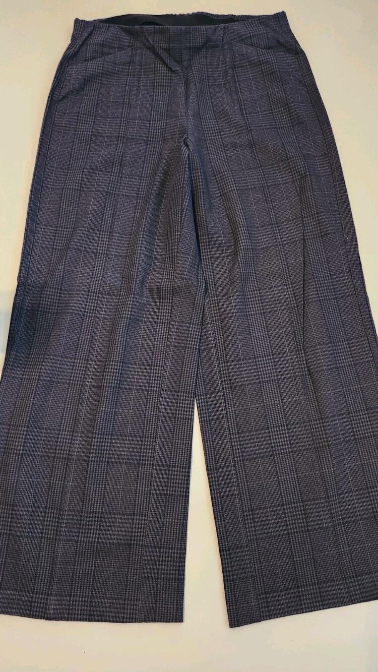 Old Navy Womens High Rise Wide Leg Plaid Pants Size L Gray Blue Comfort #500
